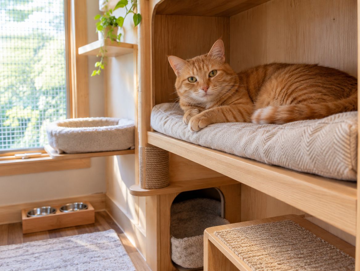 A ginger cat lounging on a cushioned wooden shelf in a sunny boarding suite